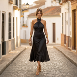 Elegantes Midikleid Damen Neckholder Tailliert – Schwarz