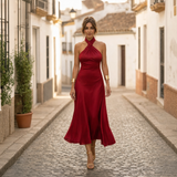 Elegantes Midikleid Damen Neckholder Tailliert – Rot
