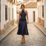 Elegantes Midikleid Damen Neckholder Tailliert – Marineblau