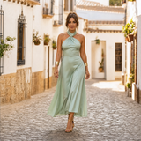 Elegantes Midikleid Damen Neckholder Tailliert – Hellgrün