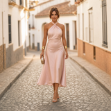Elegantes Midikleid Damen Neckholder Tailliert – Hellrosa