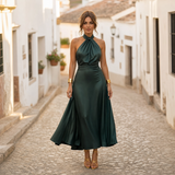 Elegantes Midikleid Damen Neckholder Tailliert – Grün