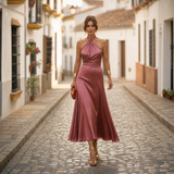 Elegantes Midikleid Damen Neckholder Tailliert – Dunkelrosa