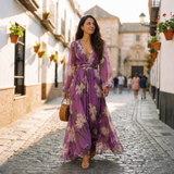 Elena | Damen Maxikleid mit Blumenmuster und V-Ausschnitt – Lila