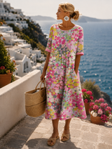 Midi Sommerkleid Damen | Buntes Blumenmuster & Entspannter A-Linien-Schnitt – Rosa