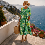 Midi Sommerkleid Damen | Buntes Blumenmuster & Entspannter A-Linien-Schnitt – Grün