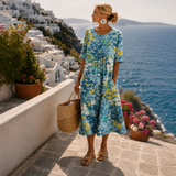 Midi Sommerkleid Damen | Buntes Blumenmuster & Entspannter A-Linien-Schnitt – Blau