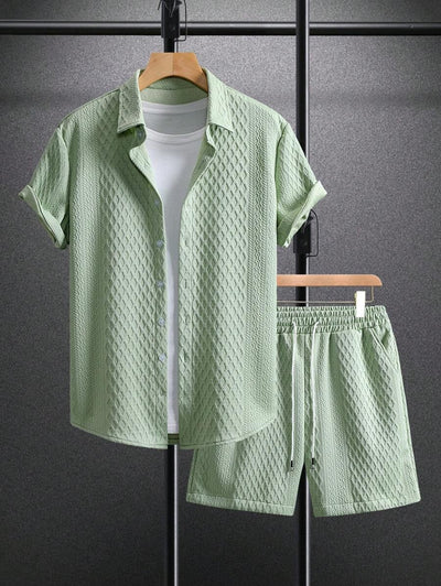 Modernes Herren-Set mit 3D-Waffelstruktur | Hemd & Shorts