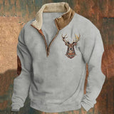 Walter | Herren Winter Fleece Pullover mit Hirschmotiv und Reißverschlusskragen – Weiß