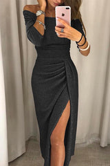 Festliches Kleid Damen | Schulterfrei & Bewegungsfreiheit mit Schlitz | Maxikleid – Schwarz