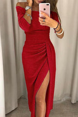 Festliches Kleid Damen | Schulterfrei & Bewegungsfreiheit mit Schlitz | Maxikleid – Rot