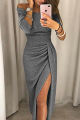 Festliches Kleid Damen | Schulterfrei & Bewegungsfreiheit mit Schlitz | Maxikleid – Grau