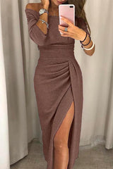 Festliches Kleid Damen | Schulterfrei & Bewegungsfreiheit mit Schlitz | Maxikleid – Braun
