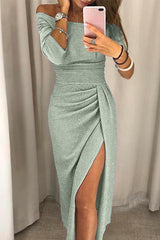 Festliches Kleid Damen | Schulterfrei & Bewegungsfreiheit mit Schlitz | Maxikleid – Silber
