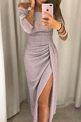 Festliches Kleid Damen | Schulterfrei & Bewegungsfreiheit mit Schlitz | Maxikleid – Rosa