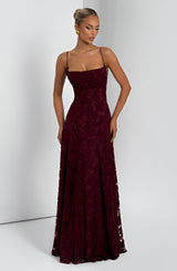 Corsagenkleid Damen | 3D Blütenapplikationen & Romantisches A-Linien-Design – Dunkelrot
