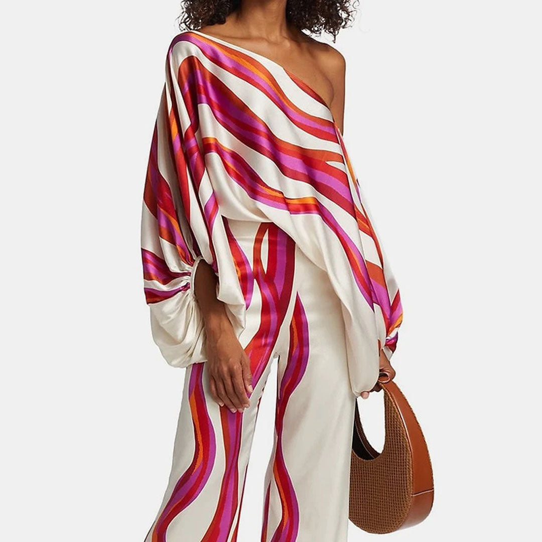 Damen One-Shoulder Bedrucktes Zwei Teile Set | Stylisch