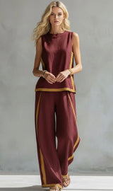 Damen Leinen Zweiteiler Set - Ärmelloses Casual Sommer Outfit – Burgund