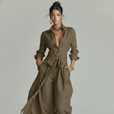 Damen-Jumpsuit aus Leinenmischung mit Gürtel und Hemdkragen – Kaltes Braun
