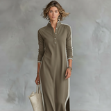 Damen-Maxi-Sweatkleid mit Knopfleiste und Kragen – Khaki