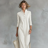 Damen-Maxi-Sweatkleid mit Knopfleiste und Kragen – Weiß