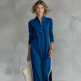 Damen-Maxi-Sweatkleid mit Knopfleiste und Kragen – Königsblau