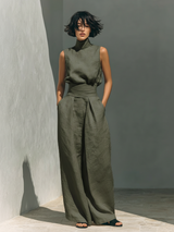 Damen Leinen Zweiteiler Set - Rollkragen Top Weite Hose – Militärgrün
