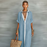 Maxikleid aus Leinenmischung mit kurzen Ärmeln für Damen – Blau