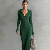 Damen-Strick-Maxikleid mit Kapuze – Grün