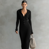 Damen-Strick-Maxikleid mit Kapuze – Schwarz