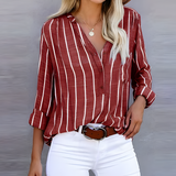 Gestreifte Damenbluse | V-Ausschnitt & Knopfleiste für einen gepflegten Look – Rot