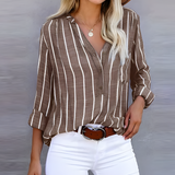 Gestreifte Damenbluse | V-Ausschnitt & Knopfleiste für einen gepflegten Look – Braun