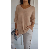 Gisela | Damen V Ausschnitt Strickpullover mit Moderne Design – Aprikose
