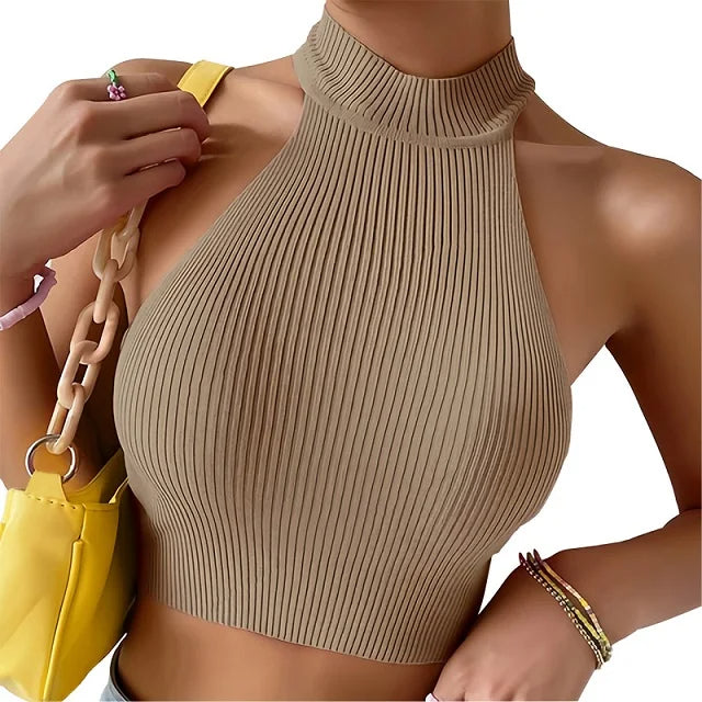 Damen Geripptes Neckholder Top mit Stehkragen - Elegant & Figurbetonend