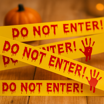 Halloween Warnband mit blutigen Handabdrücken – 25m Kunststoff Dekorolle für Horrorparty und Spukhaus