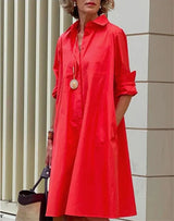 Hemdkleid Damen | Elegantes A-Linien Kleid mit Knopfleiste & Taschen – Rot