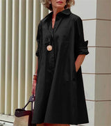 Hemdkleid Damen | Elegantes A-Linien Kleid mit Knopfleiste & Taschen – Schwarz