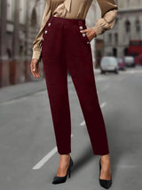 High Waist Hose Damen | Slim & Dekorative Knöpfe – Dunkelrot