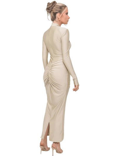 Kalentha® | Grünes Midikleid mit Drapierung und Goldring-Detail