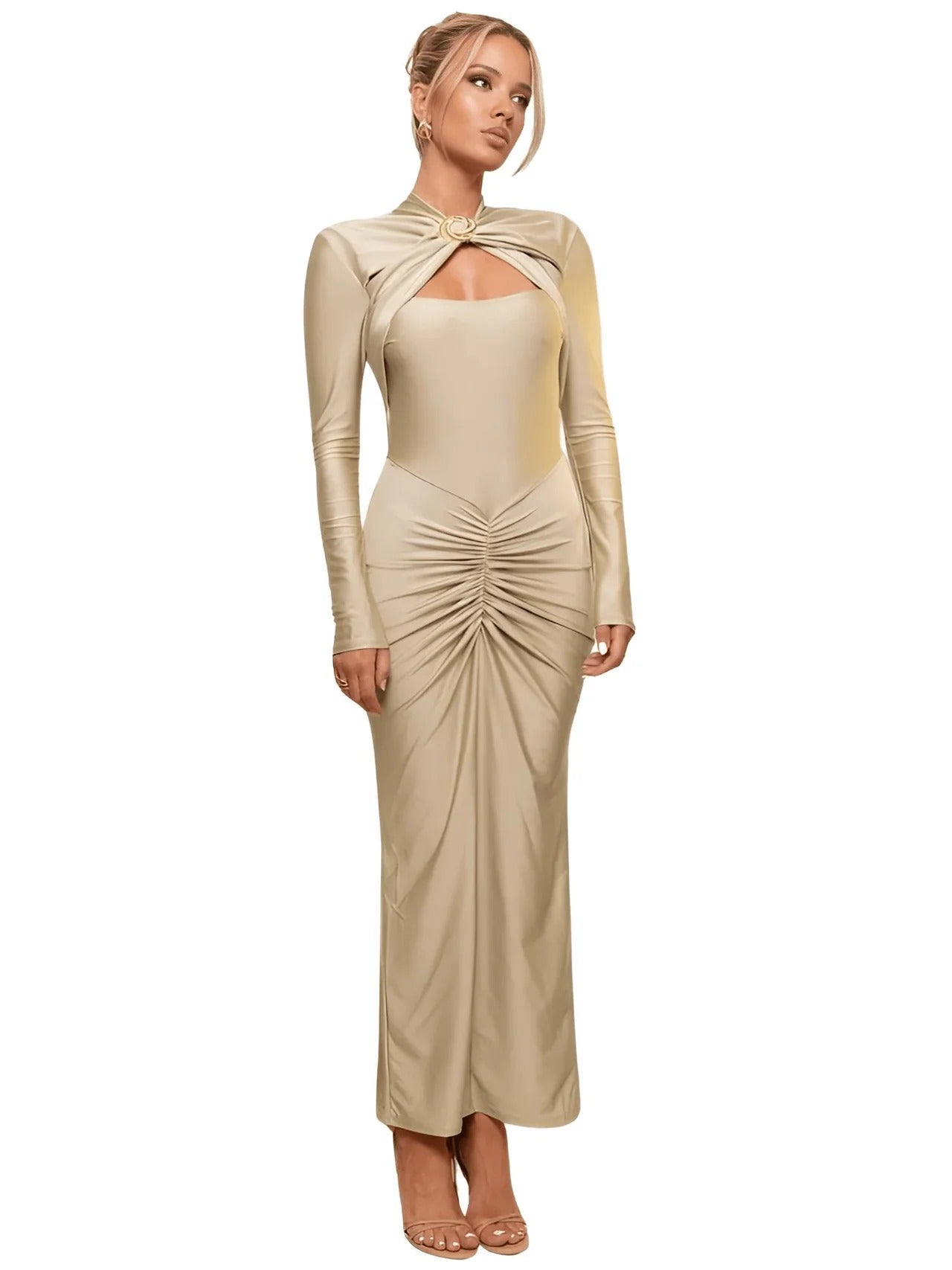 Kalentha® | Grünes Midikleid mit Drapierung und Goldring-Detail