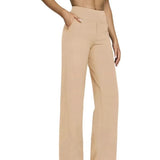 Hose Damen | High Waist Weithose mit Taschen – Khaki