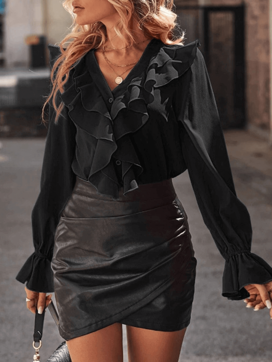 Bubb® | Rüschen-Button-Down-Hemd mit V-Ausschnitt, Jabot-Kragen, ausgestellte Ärmel, lange Ärmel, Damenbluse, niedlich, elegant, modisch