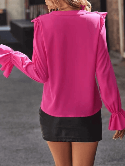 Bubb® | Rüschen-Button-Down-Hemd mit V-Ausschnitt, Jabot-Kragen, ausgestellte Ärmel, lange Ärmel, Damenbluse, niedlich, elegant, modisch