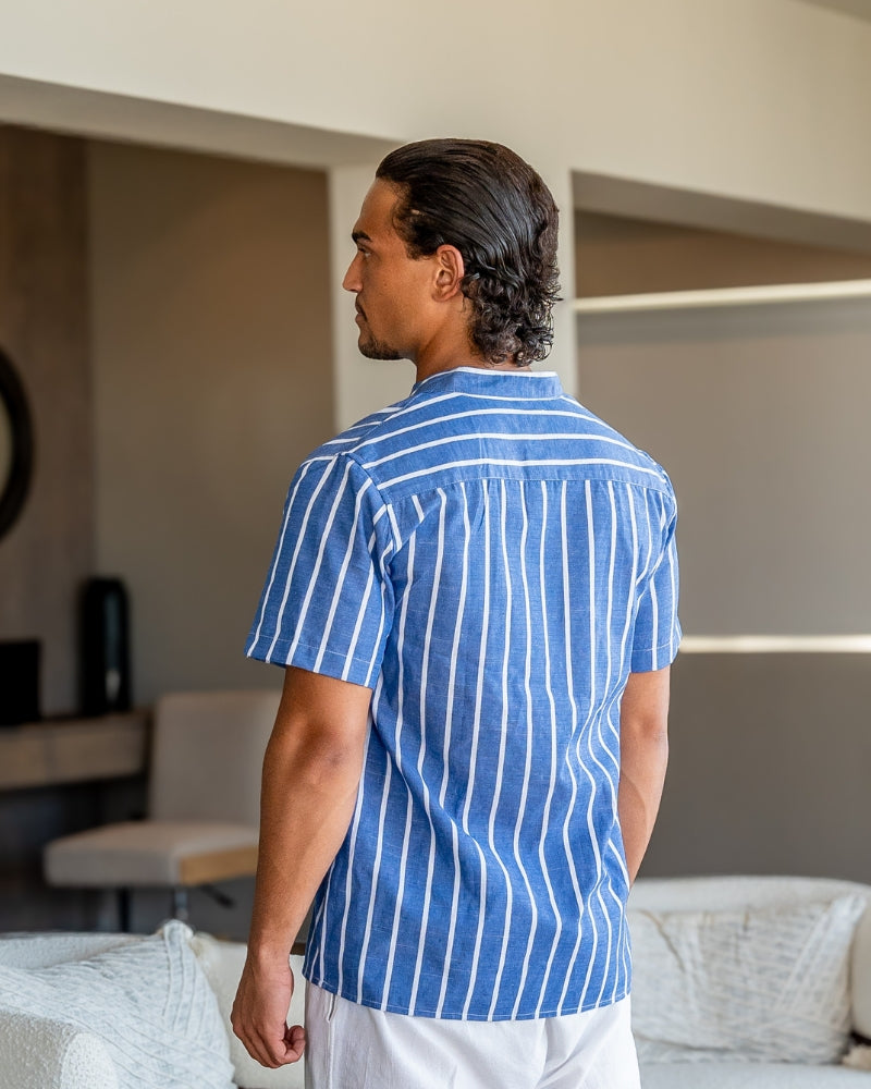 Herren Lässiges Gestreiftes Chinesisches Kragen Hemd | Kurzarm