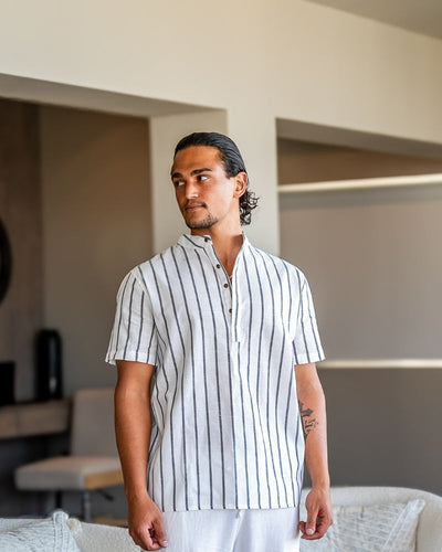 Herren Lässiges Gestreiftes Chinesisches Kragen Hemd | Kurzarm