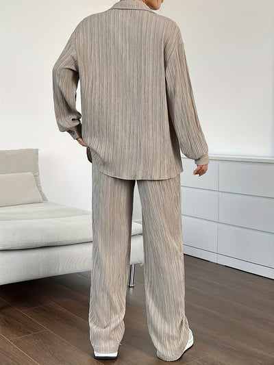 Elegantes Damen-Outfit Set: Langarm-Bluse mit Knopfleiste und elastische Taillenhose für Herbst/Winter