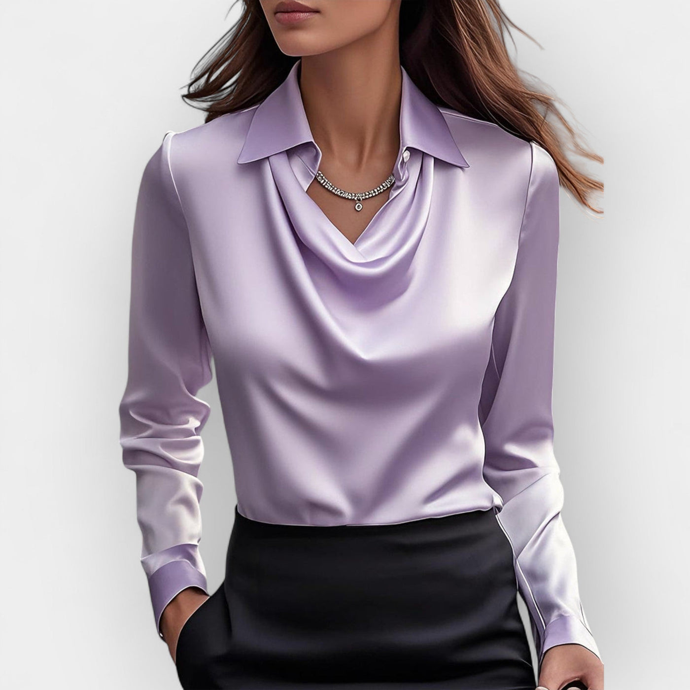 Elegante Damen Satinbluse mit Wasserfallkragen