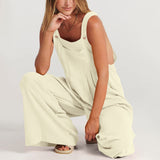 Jumpsuit Damen | Lässiger Latzhosen-Stil & Weites Bein mit Goldknöpfen – Beige
