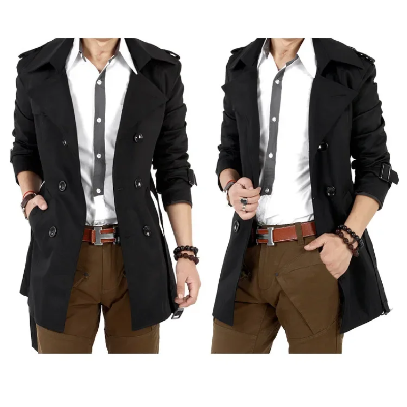Herren Trenchcoat Lang mit Gürtel - Eleganter Businessmantel