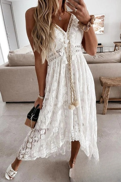 Damen Boho Spitzenkleid Häkel-Details Sommerlich Luftig